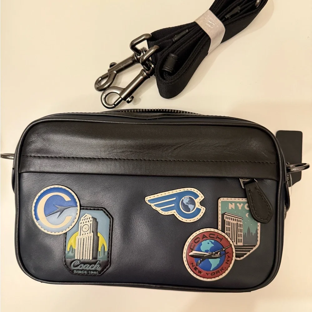 Coach Men’s Crossbody Bag with Travel Patchwork – Black/Navy Leather New! - Picture 6 of 9